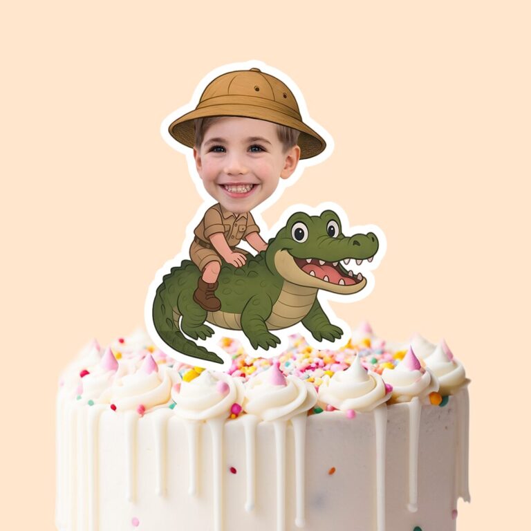 Custom Crocodile Safari Tan Safari Helmet Face Cutout – Cake Topper Custom Crocodile Safari Tan Safari Helmet Face Cutout shown on a cake topper mockup