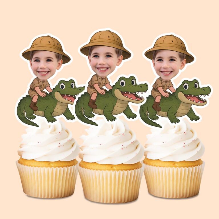 Custom Crocodile Safari Tan Safari Helmet Face Cutout – Cupcake Topper Custom Crocodile Safari Tan Safari Helmet Face Cutout shown on a cupcake topper mockup