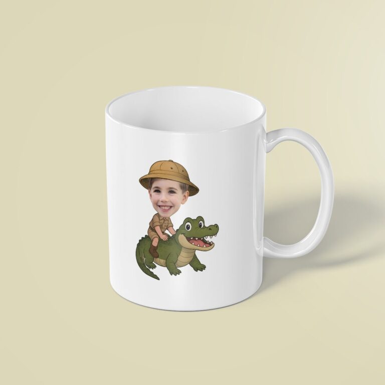 Custom Crocodile Safari Tan Safari Helmet Face Cutout – Mug Custom Crocodile Safari Tan Safari Helmet Face Cutout shown on a mug mockup