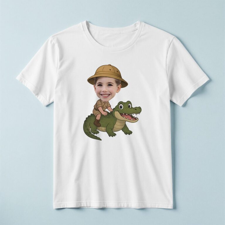 Custom Crocodile Safari Tan Safari Helmet Face Cutout – T-shirt Custom Crocodile Safari Tan Safari Helmet Face Cutout shown on a T-shirt mockup