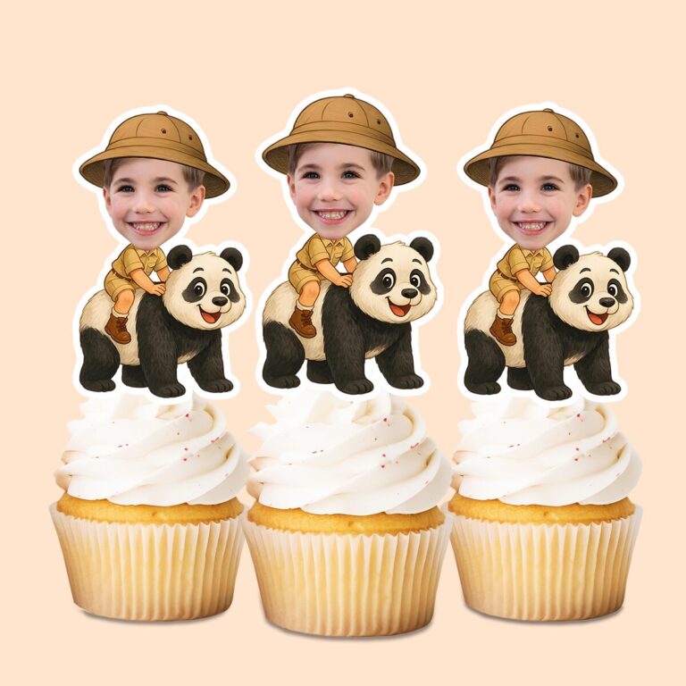Custom Panda Safari Explorer Face Cutout – Cupcake Topper Custom Panda Safari Explorer Face Cutout shown on a cupcake topper mockup