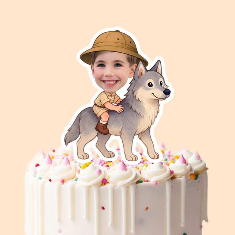 Custom Gray Wolf Safari Explorer Face Cutout – Cake Topper Custom Gray Wolf Safari Explorer Face Cutout shown on a cake topper mockup