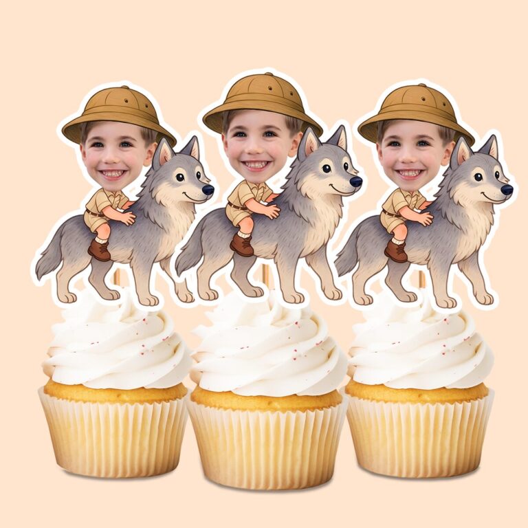 Custom Gray Wolf Safari Explorer Face Cutout – Cupcake Topper Custom Gray Wolf Safari Explorer Face Cutout shown on a cupcake topper mockup