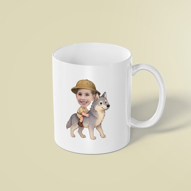 Custom Gray Wolf Safari Explorer Face Cutout – Mug Custom Gray Wolf Safari Explorer Face Cutout shown on a mug mockup