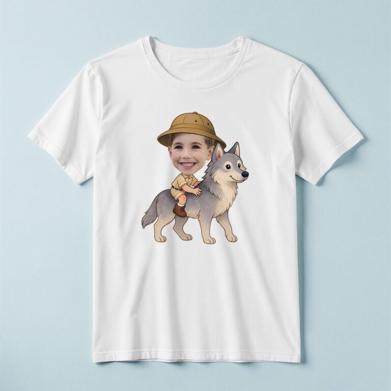 Custom Gray Wolf Safari Explorer Face Cutout – T-shirt Custom Gray Wolf Safari Explorer Face Cutout shown on a T-shirt mockup