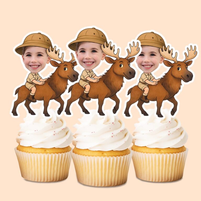 Custom Elk Safari Explorer Face Cutout – Cupcake Topper Custom Elk Safari Explorer Face Cutout shown on a cupcake topper mockup