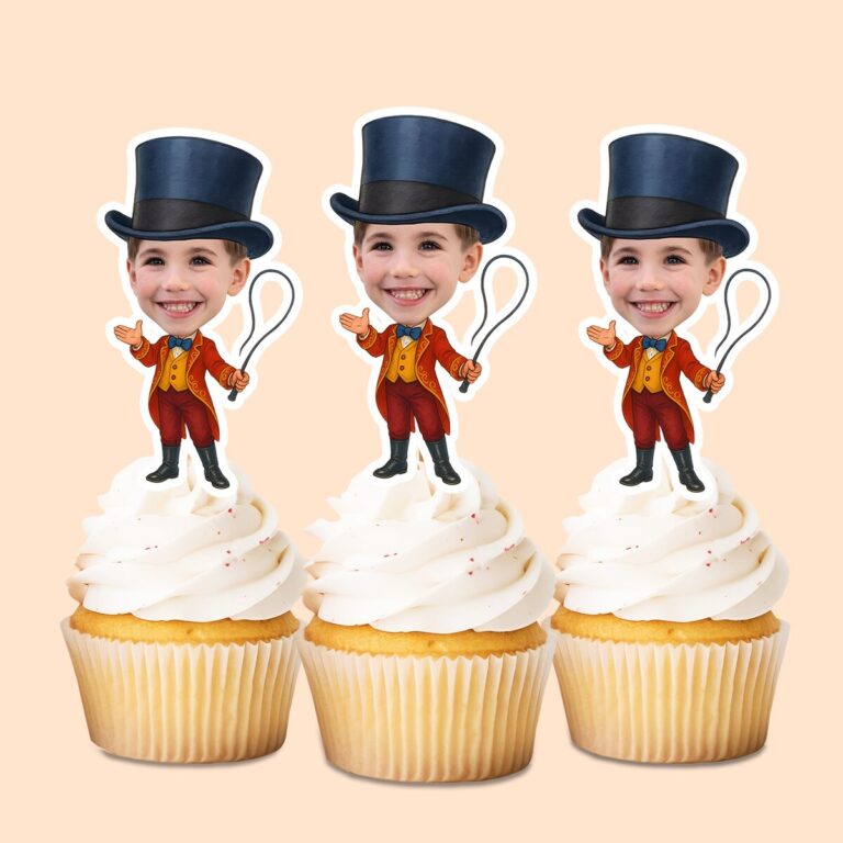 Custom Circus Ringmaster with Looped Whip Face Cutout – Cupcake Topper Custom Circus Ringmaster with Looped Whip Face Cutout shown on a cupcake topper mockup