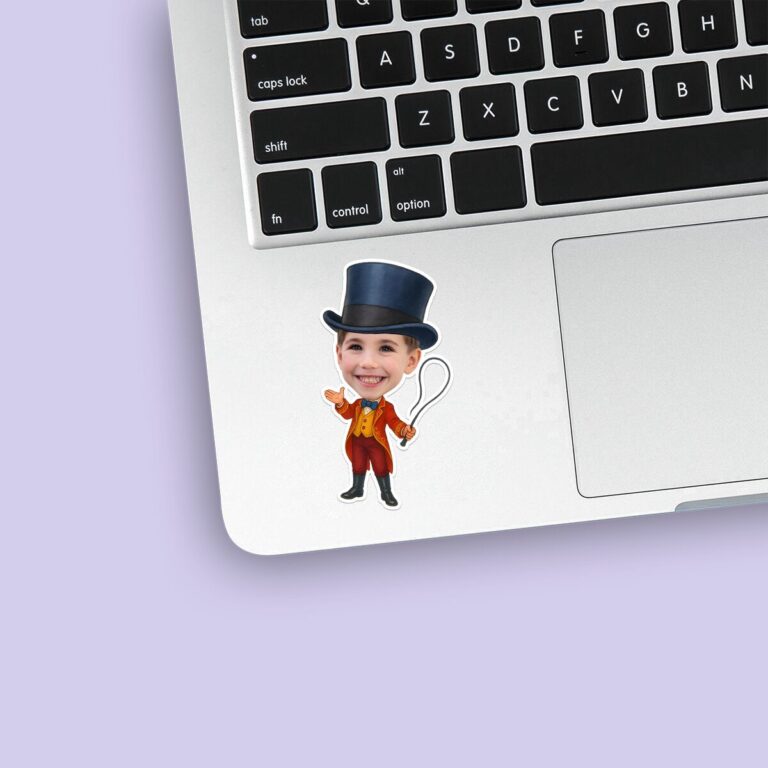 Custom Circus Ringmaster with Looped Whip Face Cutout – Sticker Custom Circus Ringmaster with Looped Whip Face Cutout shown on a sticker mockup