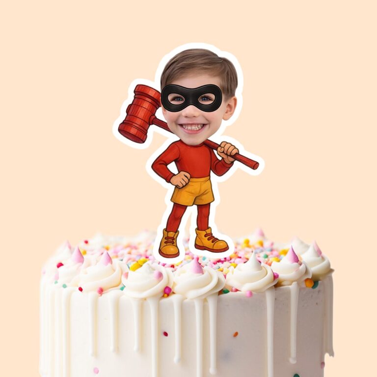 Custom Masked Super Hero with Oversized Mallet Face Cutout – Cake Topper Custom Masked Super Hero with Oversized Mallet Face Cutout shown on a cake topper mockup