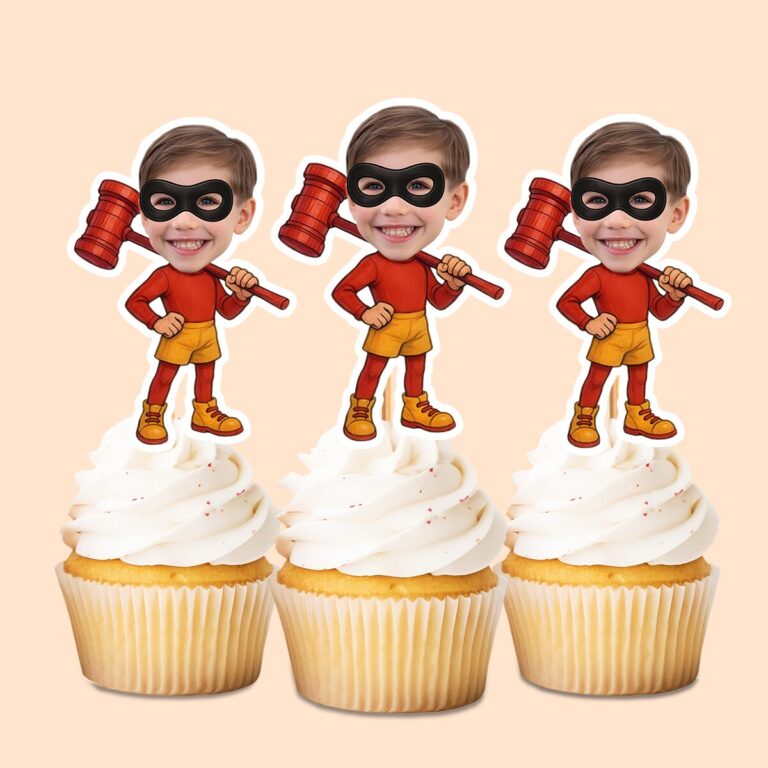 Custom Masked Super Hero with Oversized Mallet Face Cutout – Cupcake Topper Custom Masked Super Hero with Oversized Mallet Face Cutout shown on a cupcake topper mockup