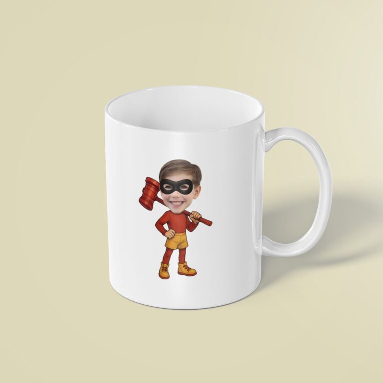 Custom Masked Super Hero with Oversized Mallet Face Cutout – Mug Custom Masked Super Hero with Oversized Mallet Face Cutout shown on a mug mockup