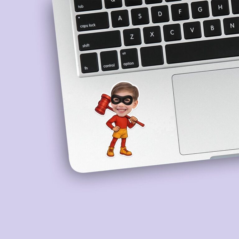 Custom Masked Super Hero with Oversized Mallet Face Cutout – Sticker Custom Masked Super Hero with Oversized Mallet Face Cutout shown on a sticker mockup