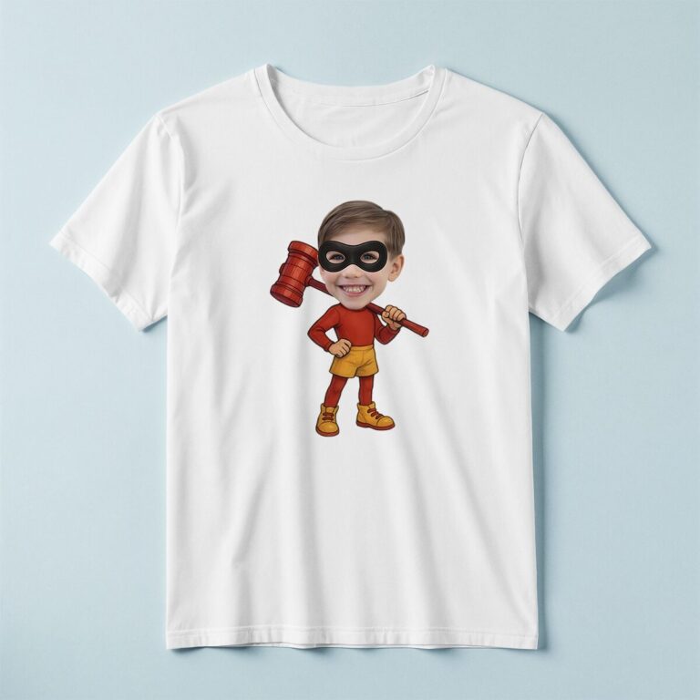 Custom Masked Super Hero with Oversized Mallet Face Cutout – T-shirt Custom Masked Super Hero with Oversized Mallet Face Cutout shown on a T-shirt mockup