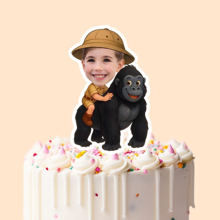 Custom Gorilla Safari Large Black-And-Gray Face Cutout – Cake Topper Custom Gorilla Safari Large Black-And-Gray Face Cutout shown on a cake topper mockup