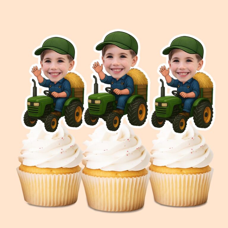 Custom Farmer Driving a Tractor with Hay Face Cutout – Cupcake Topper Custom Farmer Driving a Tractor with Hay Face Cutout shown on a cupcake topper mockup