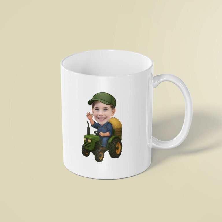 Custom Farmer Driving a Tractor with Hay Face Cutout – Mug Custom Farmer Driving a Tractor with Hay Face Cutout shown on a mug mockup