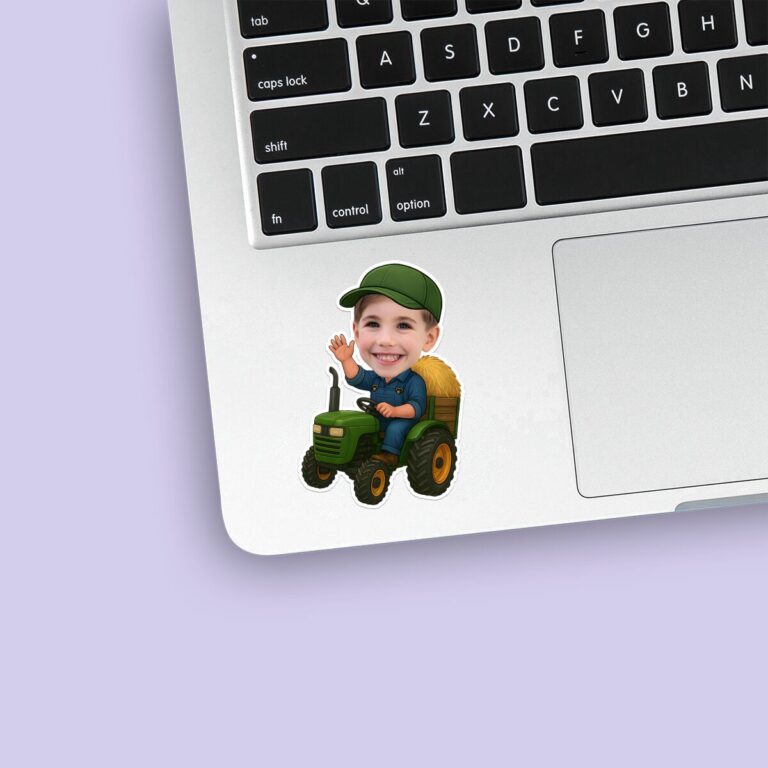 Custom Farmer Driving a Tractor with Hay Face Cutout – Sticker Custom Farmer Driving a Tractor with Hay Face Cutout shown on a sticker mockup