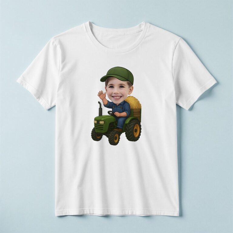 Custom Farmer Driving a Tractor with Hay Face Cutout – T-shirt Custom Farmer Driving a Tractor with Hay Face Cutout shown on a T-shirt mockup
