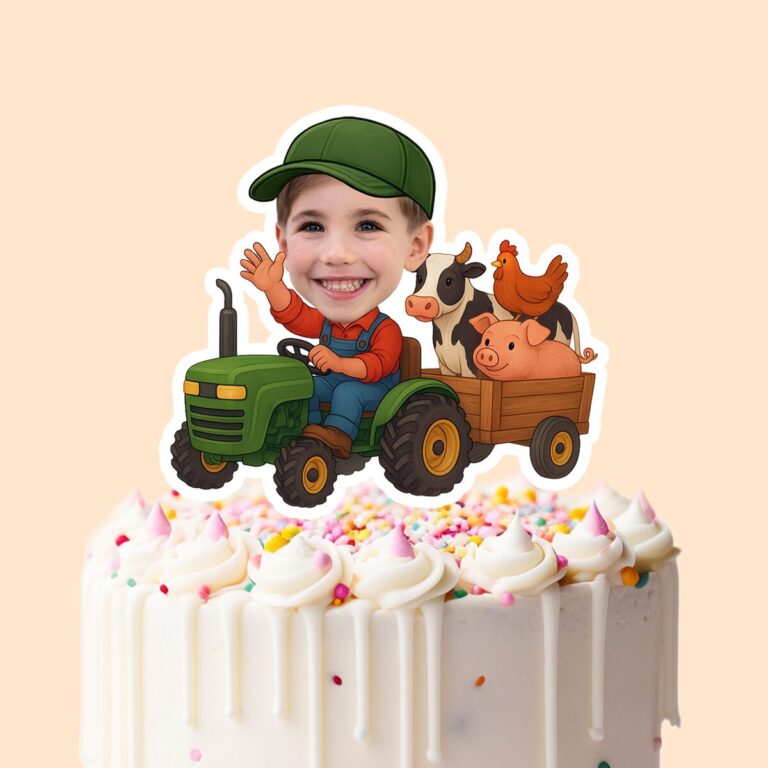 Custom Farmer Towing a Wagon of Animals Face Cutout – Cake Topper Custom Farmer Towing a Wagon of Animals Face Cutout shown on a cake topper mockup
