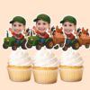 Custom Farmer Towing a Wagon of Animals Face Cutout – Cupcake Topper Custom Farmer Towing a Wagon of Animals Face Cutout shown on a cupcake topper mockup