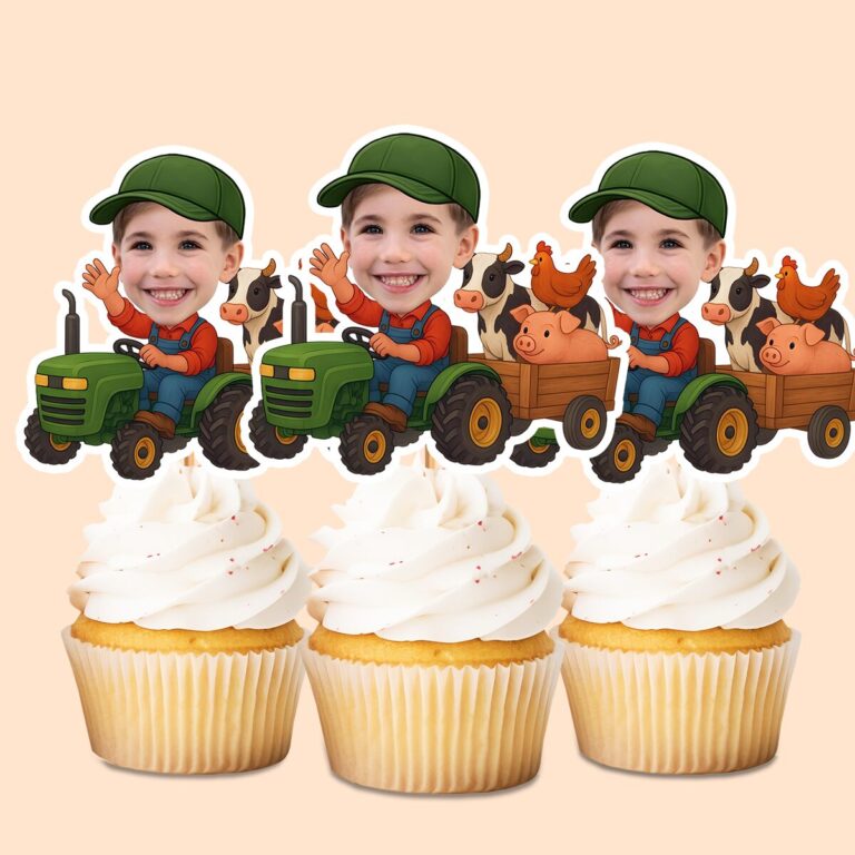 Custom Farmer Towing a Wagon of Animals Face Cutout – Cupcake Topper Custom Farmer Towing a Wagon of Animals Face Cutout shown on a cupcake topper mockup