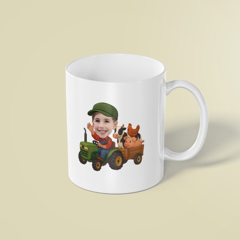 Custom Farmer Towing a Wagon of Animals Face Cutout – Mug Custom Farmer Towing a Wagon of Animals Face Cutout shown on a mug mockup