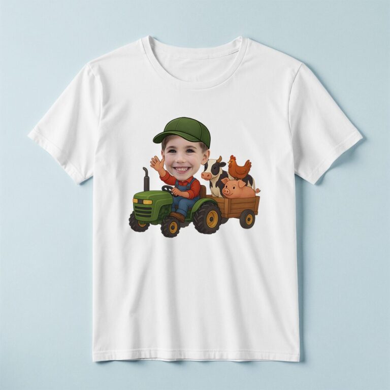 Custom Farmer Towing a Wagon of Animals Face Cutout – T-shirt Custom Farmer Towing a Wagon of Animals Face Cutout shown on a T-shirt mockup