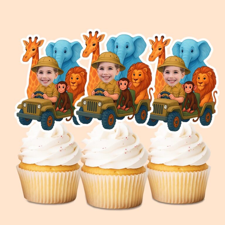 Custom Safari Driver with Jungle Animals Face Cutout – Cupcake Topper Custom Safari Driver with Jungle Animals Face Cutout shown on a cupcake topper mockup