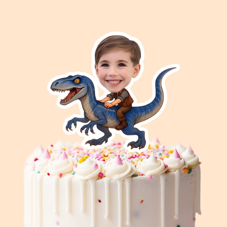 Custom Child Riding a Blue Raptor Face Cutout – Cake Topper Custom Child Riding a Blue Raptor Face Cutout shown on a cake topper mockup