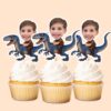 Custom Child Riding a Blue Raptor Face Cutout – Cupcake Topper Custom Child Riding a Blue Raptor Face Cutout shown on a cupcake topper mockup