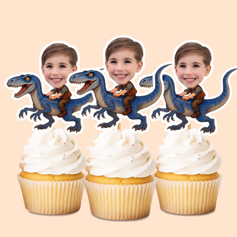 Custom Child Riding a Blue Raptor Face Cutout – Cupcake Topper Custom Child Riding a Blue Raptor Face Cutout shown on a cupcake topper mockup