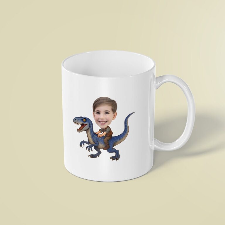 Custom Child Riding a Blue Raptor Face Cutout – Mug Custom Child Riding a Blue Raptor Face Cutout shown on a mug mockup