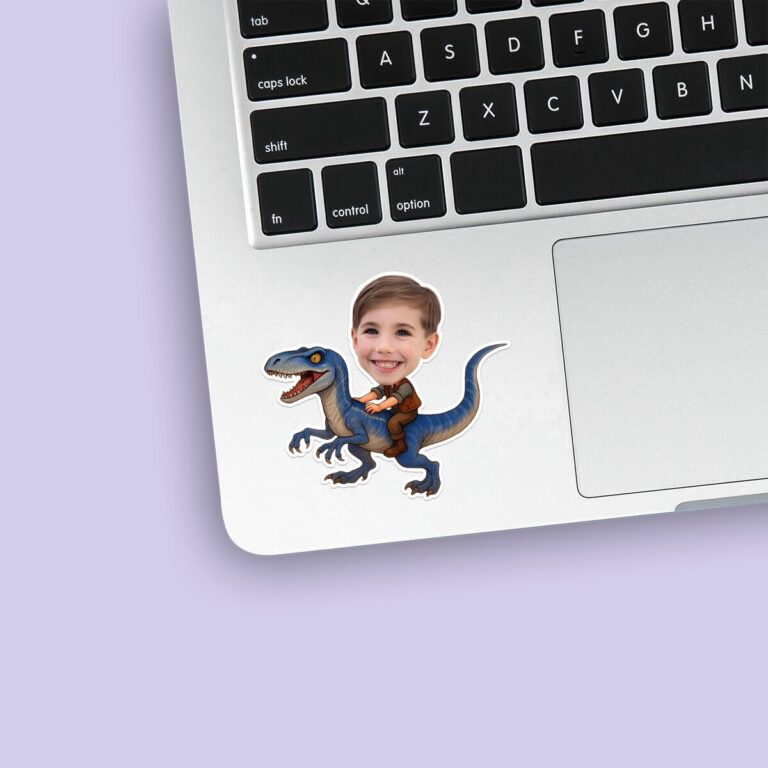 Custom Child Riding a Blue Raptor Face Cutout – Sticker Custom Child Riding a Blue Raptor Face Cutout shown on a sticker mockup