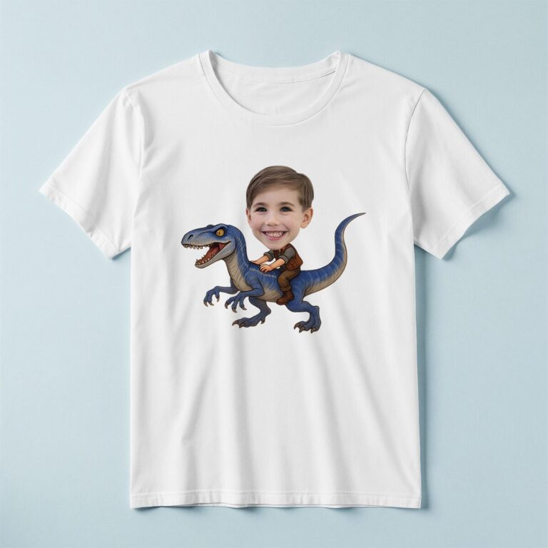 Custom Child Riding a Blue Raptor Face Cutout – T-shirt Custom Child Riding a Blue Raptor Face Cutout shown on a T-shirt mockup
