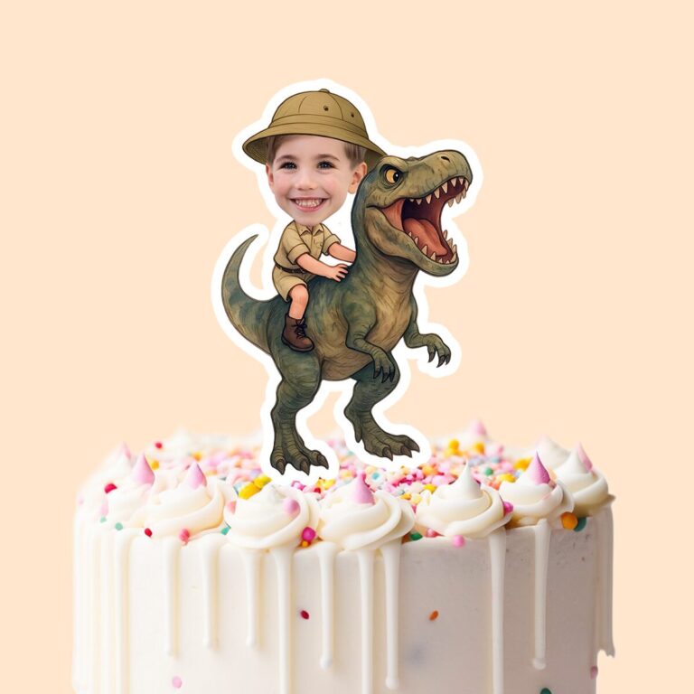 Custom Green Tyrannosaur Tan Safari Helmet Face Cutout – Cake Topper Custom Green Tyrannosaur Tan Safari Helmet Face Cutout shown on a cake topper mockup