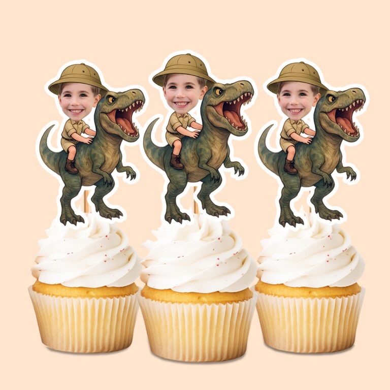 Custom Green Tyrannosaur Tan Safari Helmet Face Cutout – Cupcake Topper Custom Green Tyrannosaur Tan Safari Helmet Face Cutout shown on a cupcake topper mockup