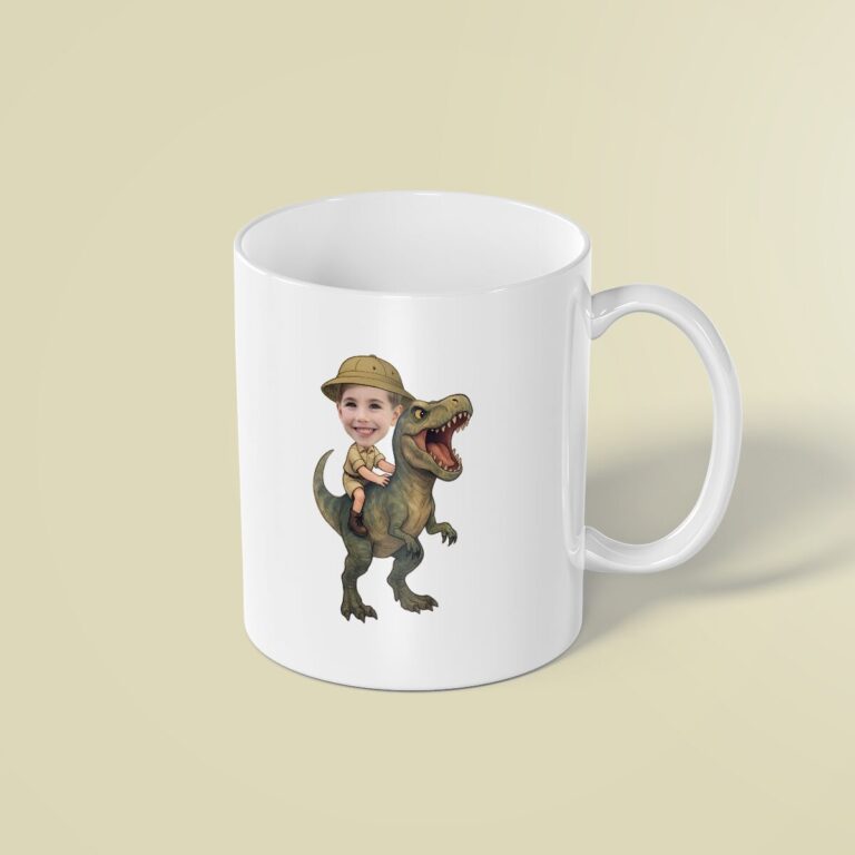 Custom Green Tyrannosaur Tan Safari Helmet Face Cutout – Mug Custom Green Tyrannosaur Tan Safari Helmet Face Cutout shown on a mug mockup