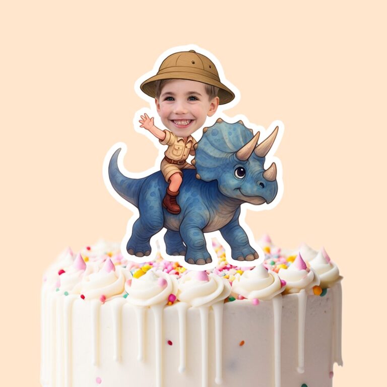 Custom Blue Triceratops Tan Safari Helmet Face Cutout – Cake Topper Custom Blue Triceratops Tan Safari Helmet Face Cutout shown on a cake topper mockup