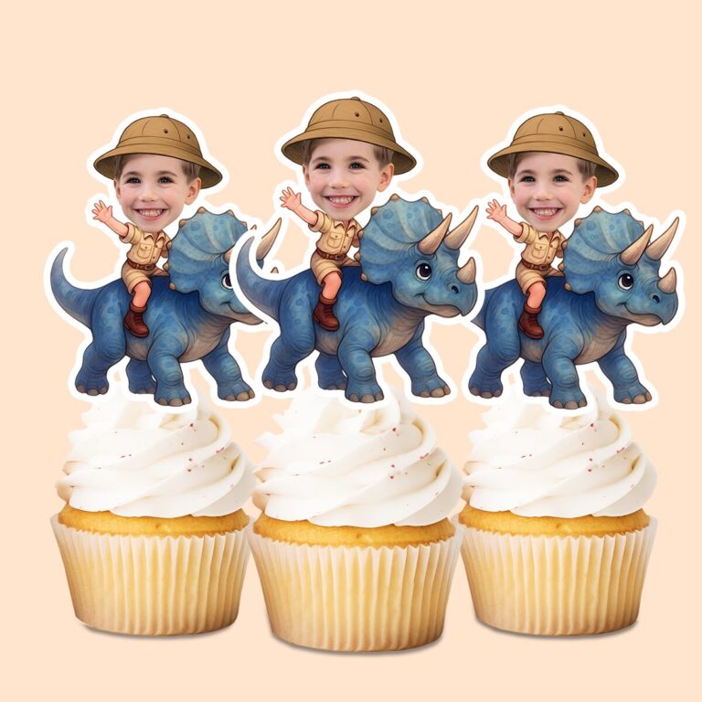 Custom Blue Triceratops Tan Safari Helmet Face Cutout – Cupcake Topper Custom Blue Triceratops Tan Safari Helmet Face Cutout shown on a cupcake topper mockup