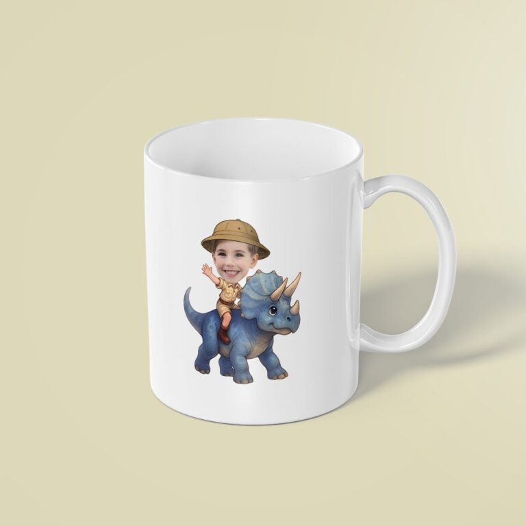 Custom Blue Triceratops Tan Safari Helmet Face Cutout – Mug Custom Blue Triceratops Tan Safari Helmet Face Cutout shown on a mug mockup
