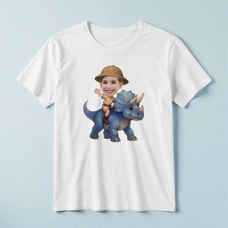 Custom Blue Triceratops Tan Safari Helmet Face Cutout – T-shirt Custom Blue Triceratops Tan Safari Helmet Face Cutout shown on a T-shirt mockup