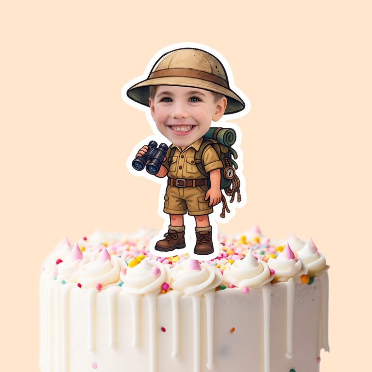 Custom Binoculars Safari Tan Safari Helmet Face Cutout – Cake Topper Custom Binoculars Safari Tan Safari Helmet Face Cutout shown on a cake topper mockup