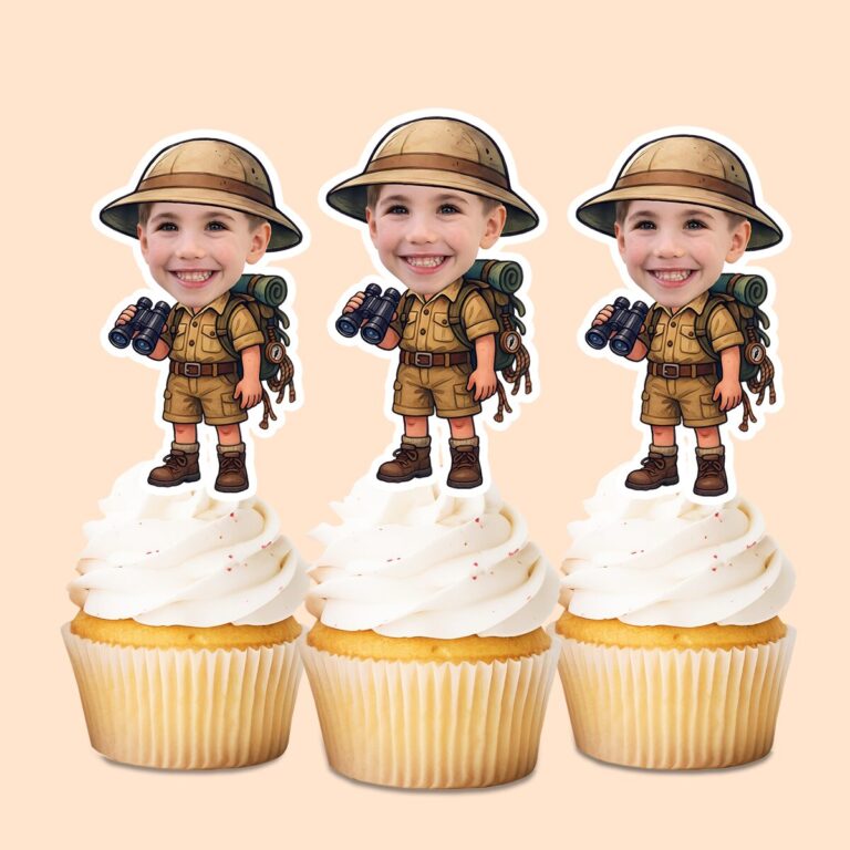 Custom Binoculars Safari Tan Safari Helmet Face Cutout – Cupcake Topper Custom Binoculars Safari Tan Safari Helmet Face Cutout shown on a cupcake topper mockup