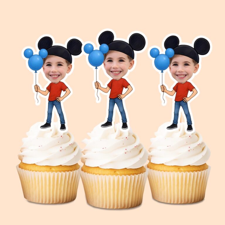 Custom Round-Ear Birthday Child Holding Face Cutout – Cupcake Topper Custom Round-Ear Birthday Child Holding Face Cutout shown on a cupcake topper mockup
