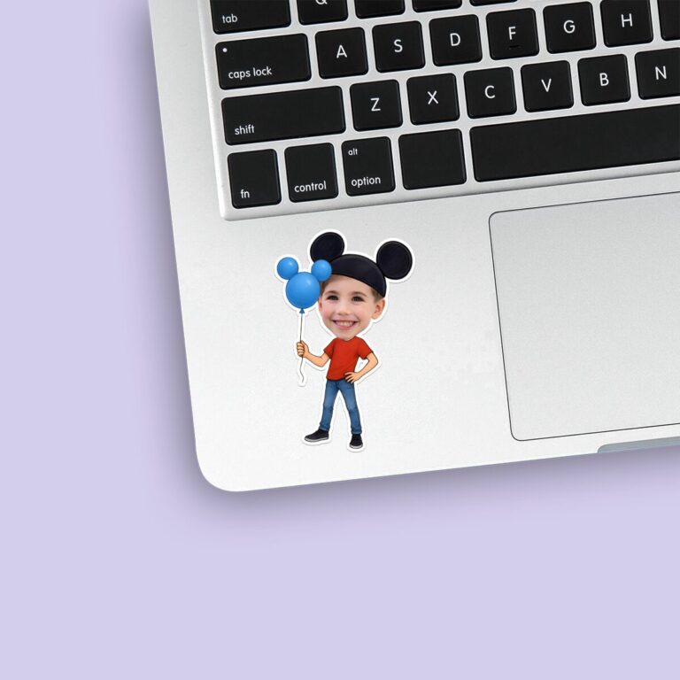 Custom Round-Ear Birthday Child Holding Face Cutout – Sticker Custom Round-Ear Birthday Child Holding Face Cutout shown on a sticker mockup