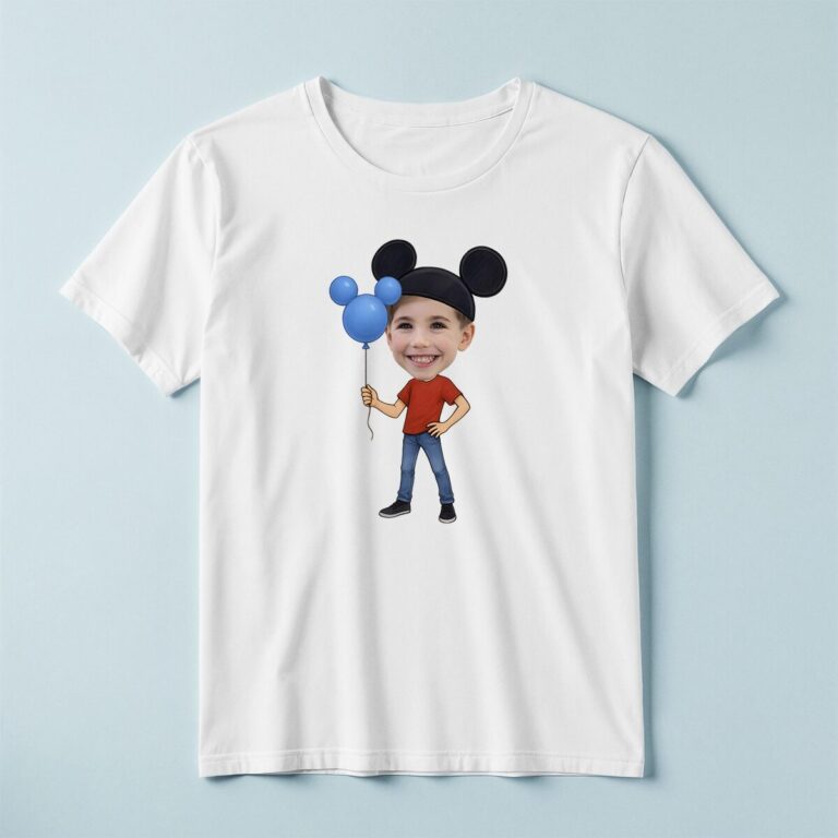 Custom Round-Ear Birthday Child Holding Face Cutout – T-shirt Custom Round-Ear Birthday Child Holding Face Cutout shown on a T-shirt mockup