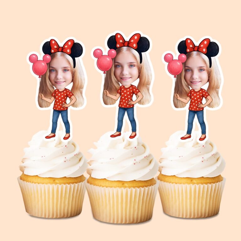 Custom Polka-Dot Bow Birthday Child Holding Face Cutout – Cupcake Topper Custom Polka-Dot Bow Birthday Child Holding Face Cutout shown on a cupcake topper mockup