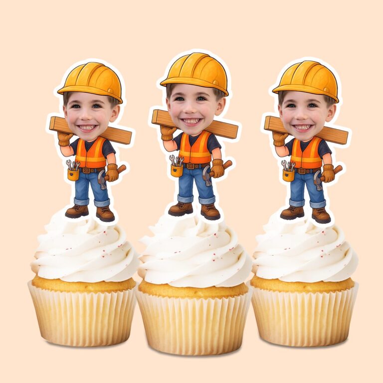 Custom Construction Worker Carrying Lumber Face Cutout – Cupcake Topper Custom Construction Worker Carrying Lumber Face Cutout shown on a cupcake topper mockup