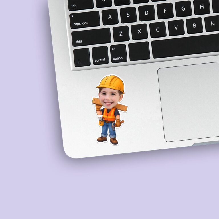 Custom Construction Worker Carrying Lumber Face Cutout – Sticker Custom Construction Worker Carrying Lumber Face Cutout shown on a sticker mockup