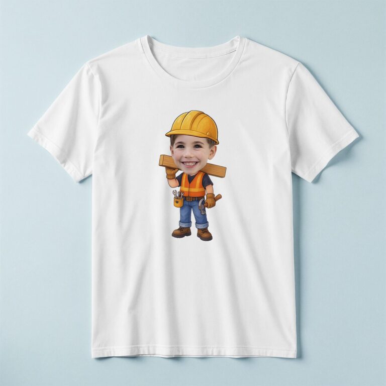 Custom Construction Worker Carrying Lumber Face Cutout – T-shirt Custom Construction Worker Carrying Lumber Face Cutout shown on a T-shirt mockup